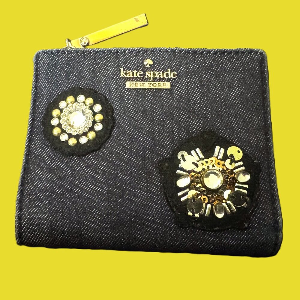 Kate Spade *RARE Adalyn Denim Wallet Cameron Street with Black Saffiano Leather